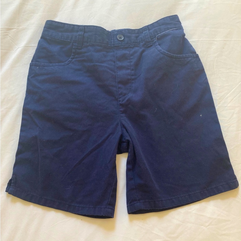 Navy blue school shorts, fingertip length, size 14,
